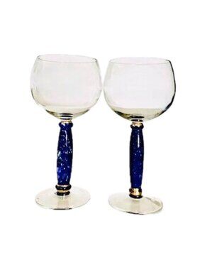 Vintage Art Deco Hand-blown Wine Glasses Blue Stem 24k Gold Accent